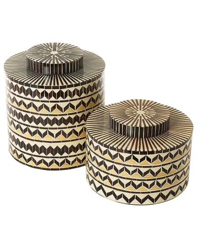 Tozai Home Set Of 2 Earth Tone Patterned Artisan Crafted Covered Jars In Brown