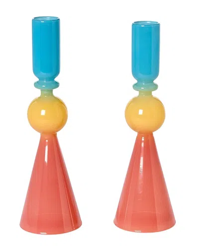 Tozai Home Set Of 2 Glass Candle Holders In Multi