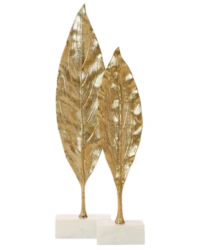 Tozai Home Set Of 2 Leaf Sculptures On Marble Base In Gold