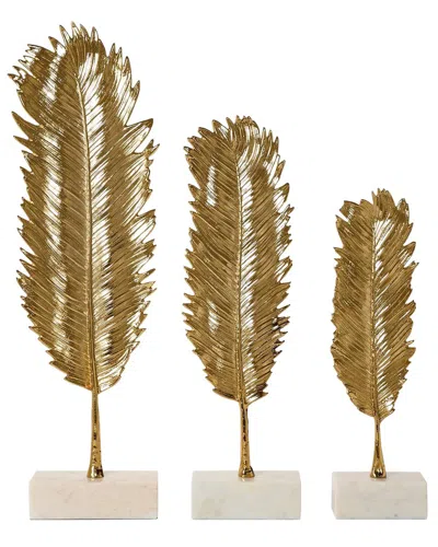 Tozai Home Set Of 3 Feather Leaf Sculpture On Marble Base In Gold