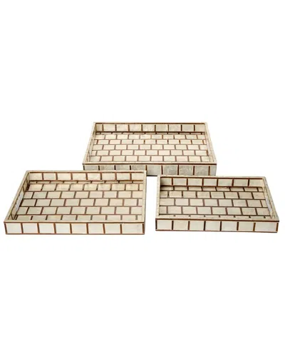 Tozai Home Set Of 3 Hand Inlaid Bamboo/capiz Shell Rectangle Trays With Open  Handles In White