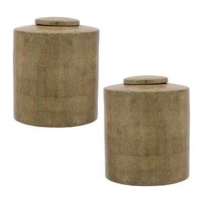 Pre-owned Tozai Home Set Of Two Tozai Textured Cylindrical Lidded Vessels In Brown