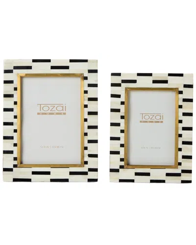 Tozai Home Tiles Set Of 2 Bone & Brass Photo Frames In White