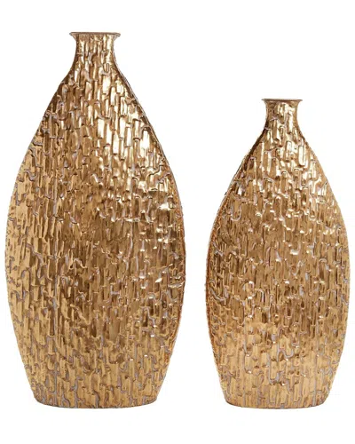 Tozai Set Of 2 Etched Metal Vase In Gold