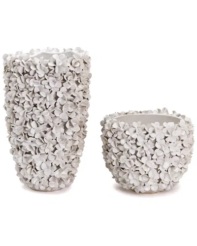 Tozai Set Of 2 Hydrangea White Planter/vases