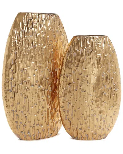 Tozai Set Of 2 Oval Golden Etched Metal Vases