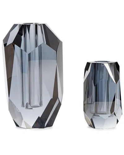 Tozai Set Of 2 Smoke Faceted Hand-cut Crystal Glass Vases In Grey