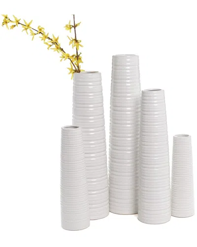 Tozai Set Of 5 White Ribbed Cylinder Vases