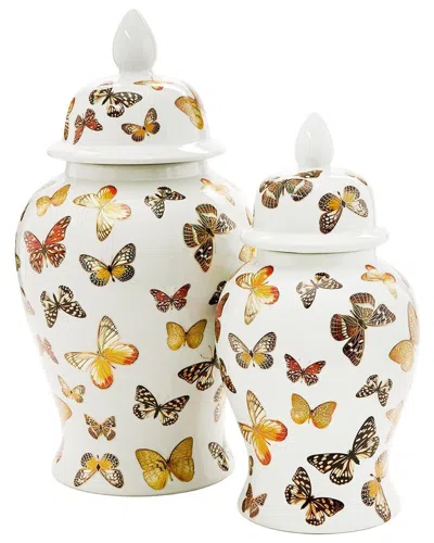 Tozai Two's Company Set Of 2 Butterfly Garden Covered Temple Jars In Brown