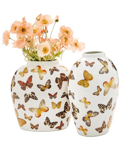 Tozai Two's Company Set Of 2 Butterfly Garden Vases In Brown