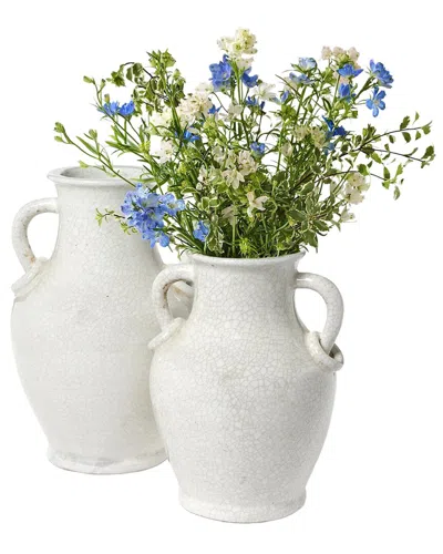 Tozai Two's Company Set Of 2 Crackle Two-handled Urns In White