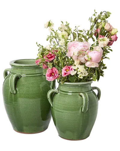 Tozai Two's Company Set Of 2 Four-handled Jars In Green