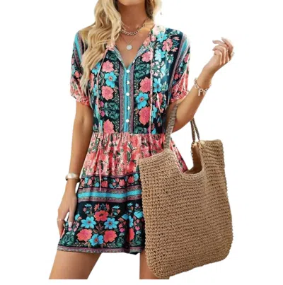 Tracies Boho Tie Floral Romper In Turquoise/peach In Multi