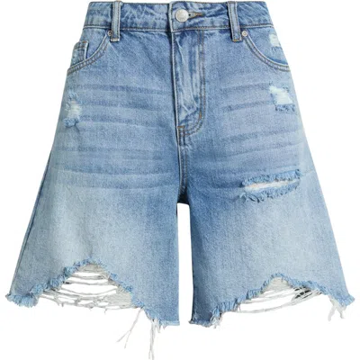 Tractr Distressed High Waist Raw Hem Denim Shorts In Blue