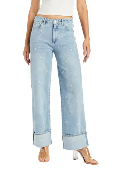 Tractr Floral Embroidery Wide Crop With Cuff Jeans In Light Indigo In Blue