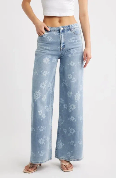 Tractr Floral Print Wide Leg Jeans In Blue