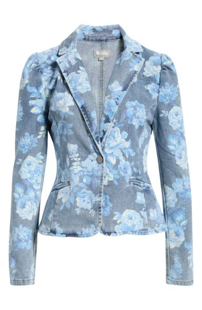 Tractr Floral Puff Sleeve Denim Jacket In Blue