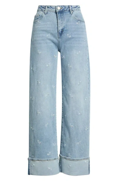 Tractr Flower Embroidered Cuffed Straight Leg Jeans In Blue