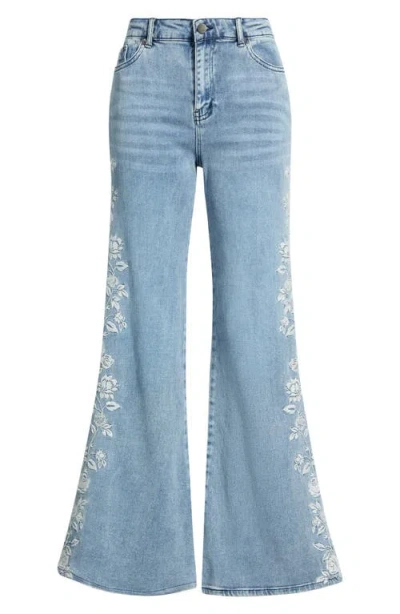Tractr Flower Embroidered Flare Leg Hems In Gray