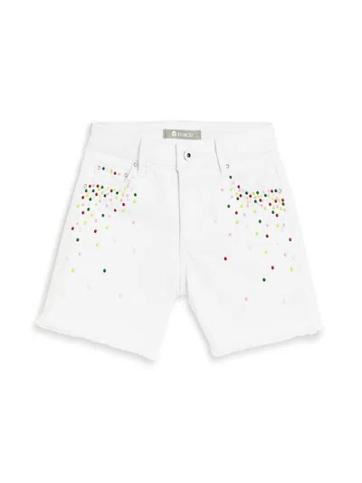 Tractr Girl's Brittany Colourful Confetti Studded Frayed Shorts In White