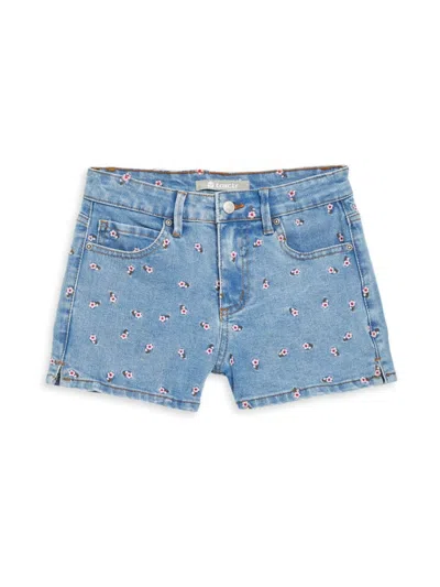 Tractr Girl's Brittany Mid-rise Frayed Floral Embroidered Shorts In Indigo