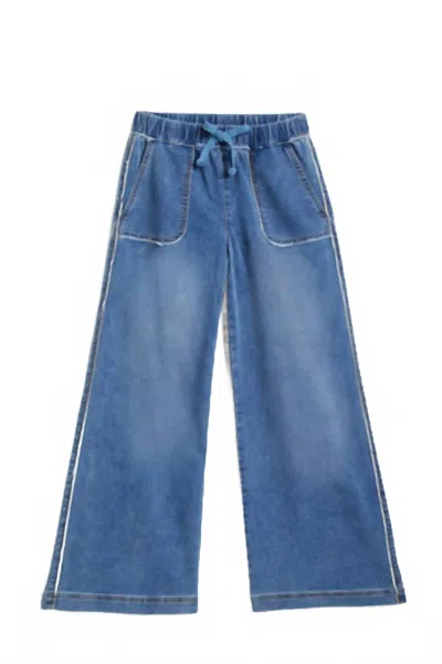 Tractr Kids' Girl's Cozy Drawstring Wide Leg With Fray Hem Jeans In Medium Indigo In Blue