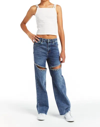 Tractr Kids' Girls Swiftie Crystal Slit Straight Leg Jeans In Blue