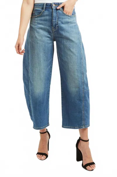 Tractr High Rise Barrel Crop Jean In Medium Indigo Wash In Blue