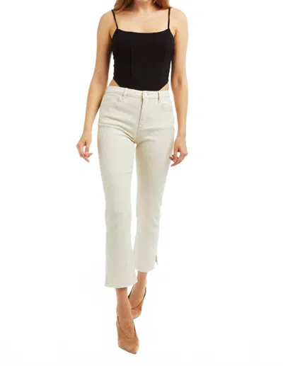 Tractr High Rise Crop Flare With Side Slit Clean Hem Stretch Lurex Twill Jeans In Cream In White