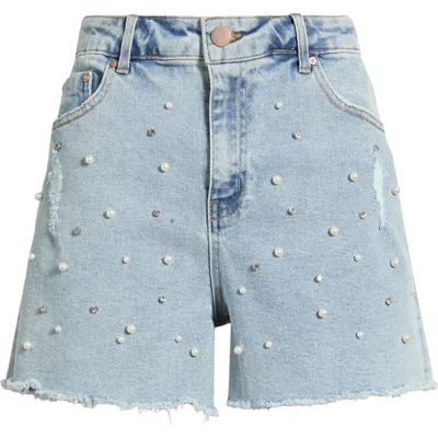 Tractr Imitation Pearl And Crystal Denim Cutoff Shorts In Blue