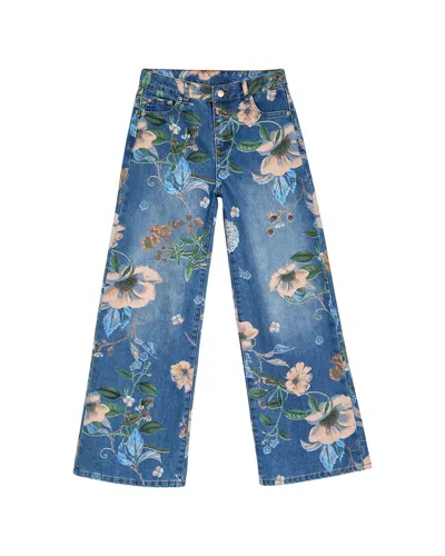 Tractr Kids'  Jeans Floral Printed Wide Leg Pant In Blue