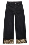 Tractr Kid's Leopard Cuff Wide Leg Pants In Black