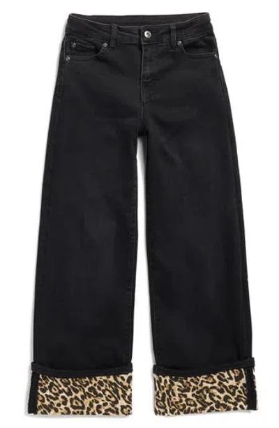 Tractr Kid's Leopard Cuff Wide Leg Pants In Black