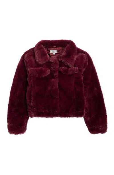 Tractr Kids' Cow Print Faux Fur Trucker Jacket In Burgundy