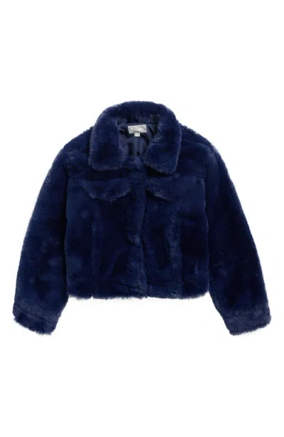 Tractr Kids' Cow Print Faux Fur Trucker Jacket In Blue