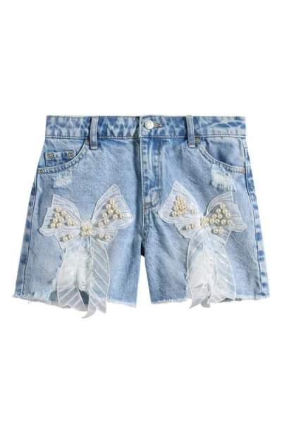 Tractr Kids' Faux Pearl & Sequin Bow Denim Cutoff Shorts In Blue