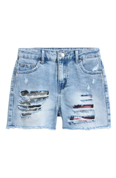 Tractr Kids' Flag Pocket Ripped Denim Shorts In Blue