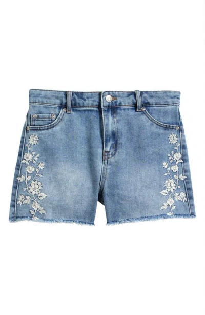 Tractr Kids' Floral Embroidered Cotton Blend Denim Shorts In Blue