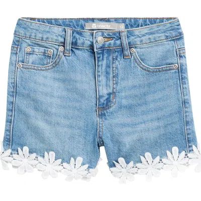 Tractr Kids' Floral Lace Hem Denim Shorts In Blue