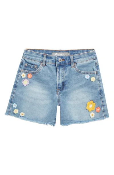 Tractr Kids' Floral Patch Denim Cutoff Shorts In Indigo