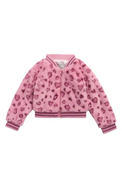 Tractr Kids' Heart Leopard Faux Fur Jacket In Pink