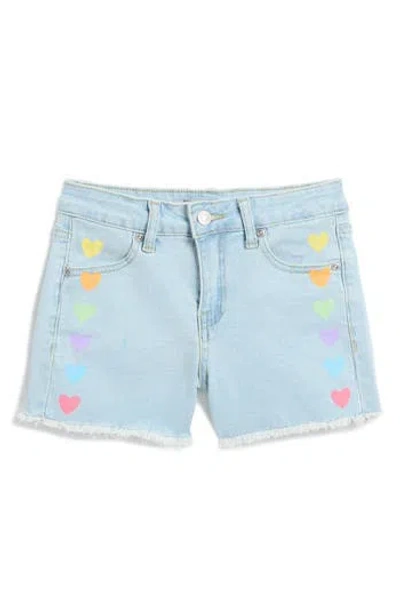 Tractr Kids' Heart Print Denim Cutoff Shorts In Light Indigo