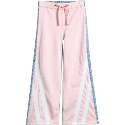 Tractr Kids' Mixed Media Track Stripe Wide Leg Jeans In Pink