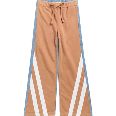 Tractr Kids' Mixed Media Track Stripe Wide Leg Jeans In Brown