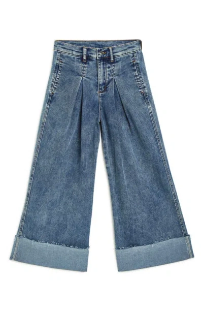 Tractr Kids' Pleated Cuffed Wide Leg Jeans In Medium Indigo