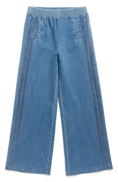 Tractr Kids' Rhinestone Side Stripe Wide Leg Knit Jeans In Blue