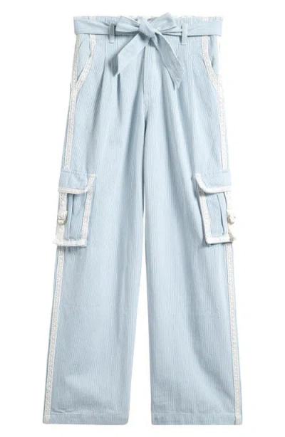 Tractr Kids' Stripe Lace Trim Cotton Cargo Pants In Blue