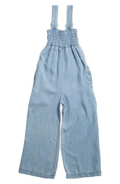 Tractr Kids' The Wide Leg Denim Romper In Light Indigo