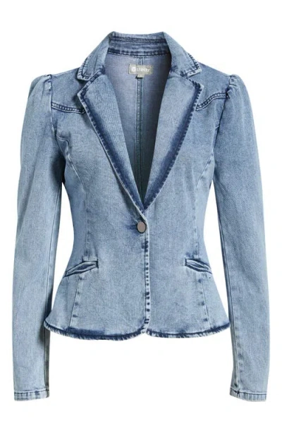 Tractr Puff Shoulder Denim Blazer In Blue