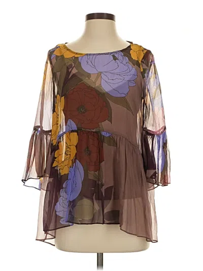 Pre-owned Tracy Reese 3/4 Sleeve Silk Top Brown Square Neckline Tops
